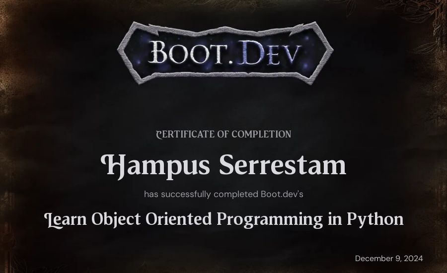 Hampus Serrestam's Boot.dev Learn Object Oriented Programming in Python certificate