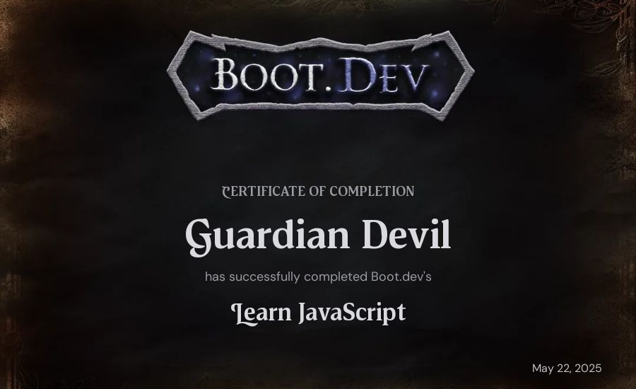 Guardian Devil's Boot.dev Learn JavaScript certificate