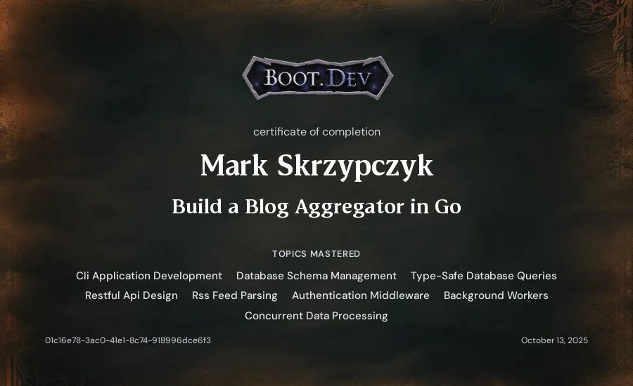Mark Skrzypczyk's Boot.dev Build a Blog Aggregator in Go certificate