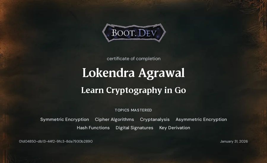 Lokendra Agrawal's Boot.dev Learn Cryptography in Go certificate