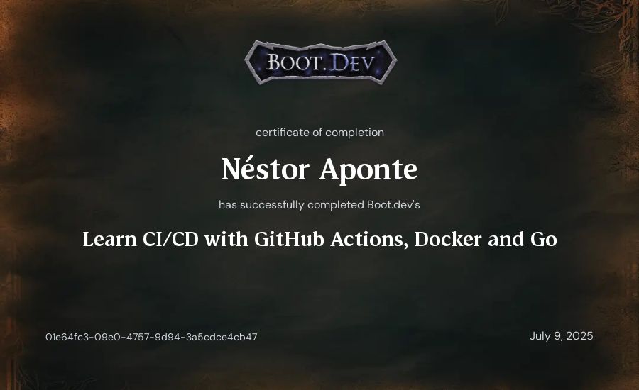 Néstor Aponte's Boot.dev Learn CI/CD with GitHub Actions, Docker and Go certificate