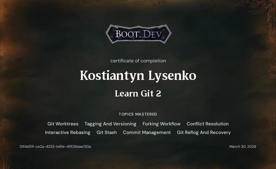 Kostiantyn Lysenko's Boot.dev Learn Git 2 certificate