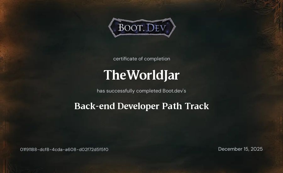 TheWorldJar's Boot.dev Backend Developer Path (TypeScript) certificate