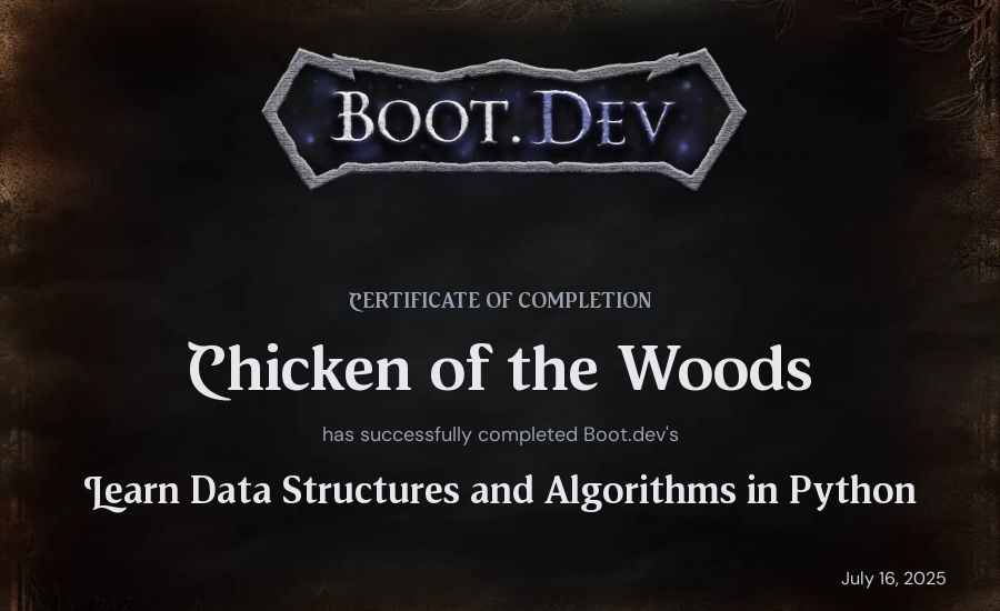 Louie Hagen's Boot.dev Learn Data Structures and Algorithms in Python certificate