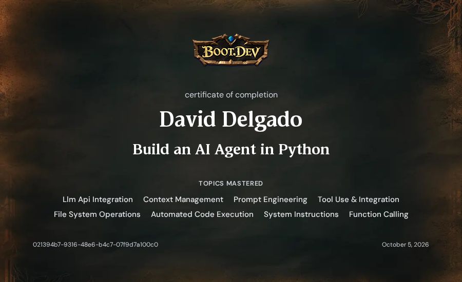 David Delgado's Boot.dev Build an AI Agent in Python certificate