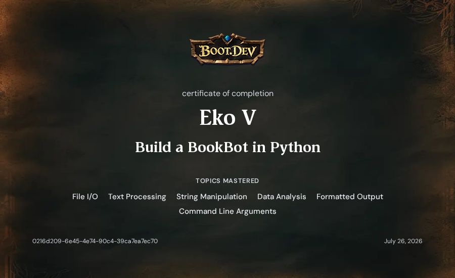 Eko V's Boot.dev Build a BookBot in Python certificate
