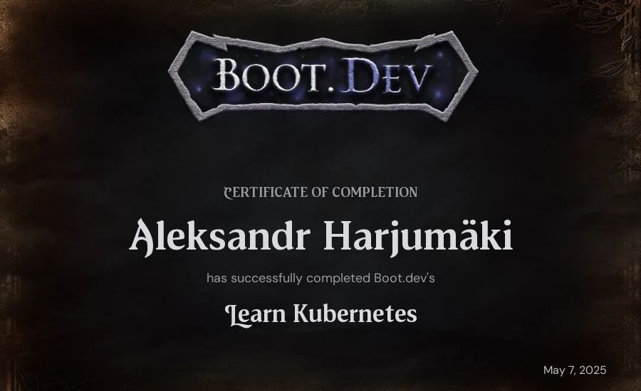 Aleksandr Harjumäki's Boot.dev Learn Kubernetes certificate