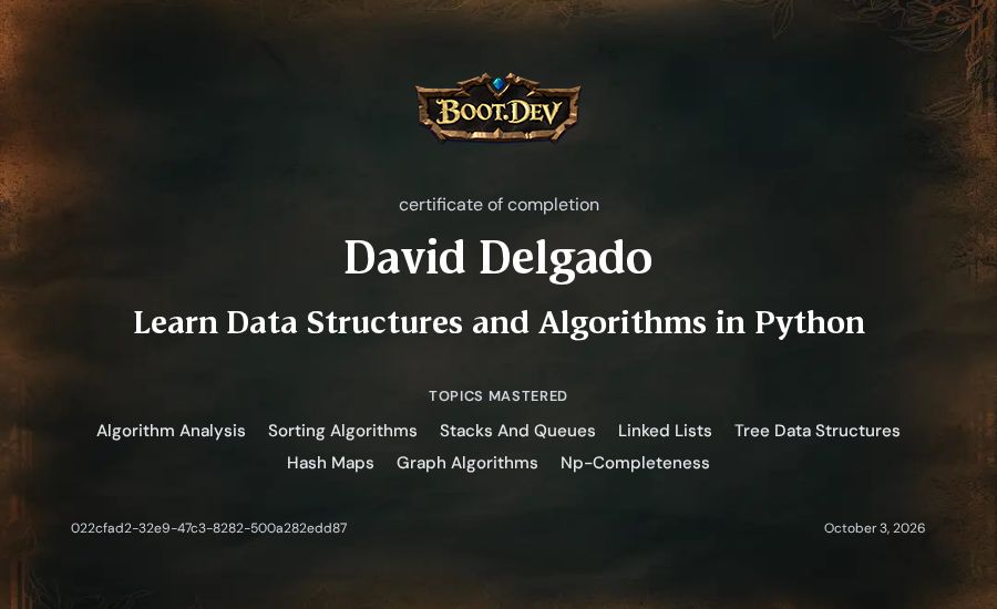 David Delgado's Boot.dev Learn Data Structures and Algorithms in Python certificate