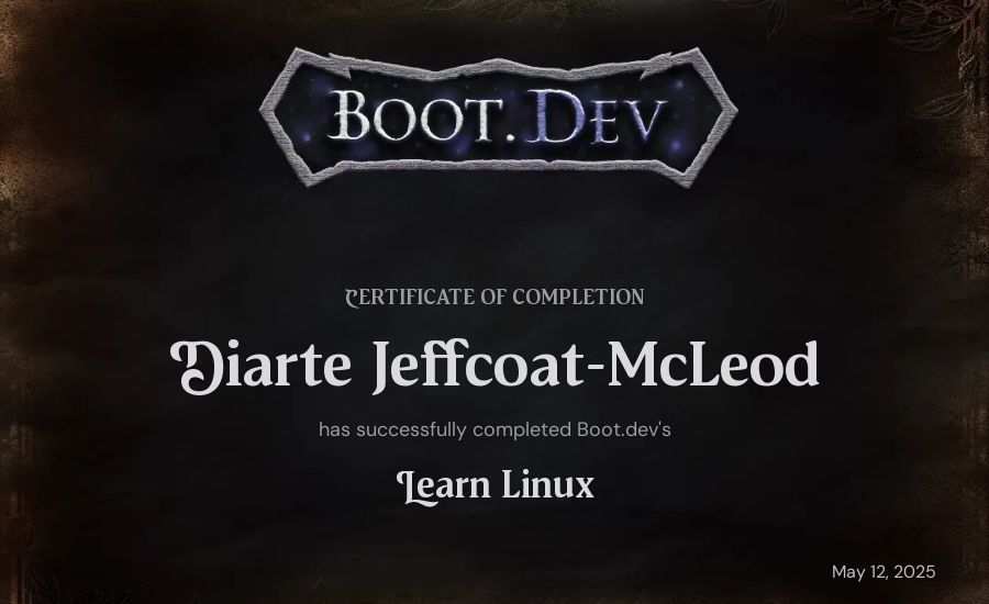 Diarte Jeffcoat-McLeod's Boot.dev Learn Linux certificate
