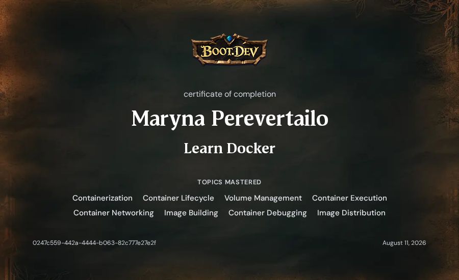 Maryna Perevertailo's Boot.dev Learn Docker certificate