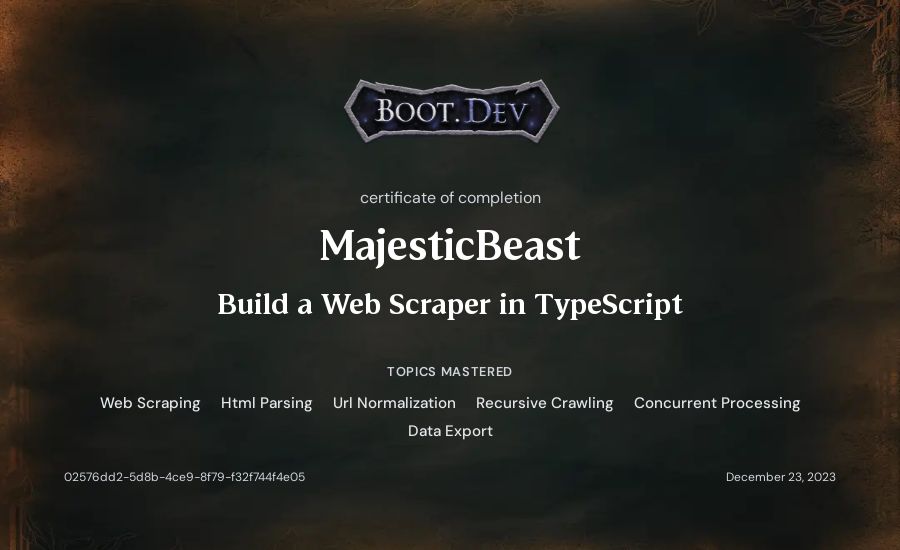 MajesticBeast's Boot.dev Build a Web Scraper in TypeScript certificate