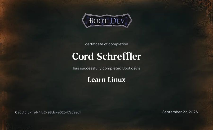 Cord Schreffler's Boot.dev Learn Linux certificate