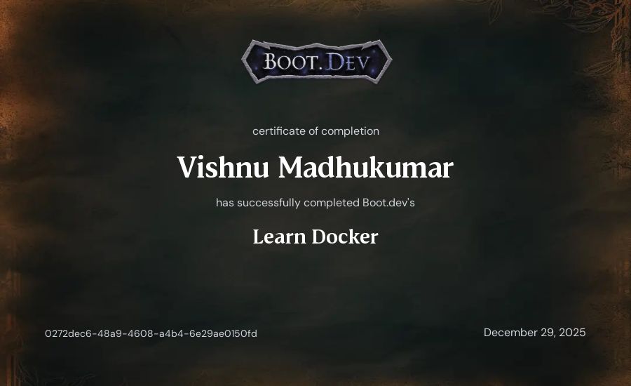 Vishnu Madhukumar's Boot.dev Learn Docker certificate