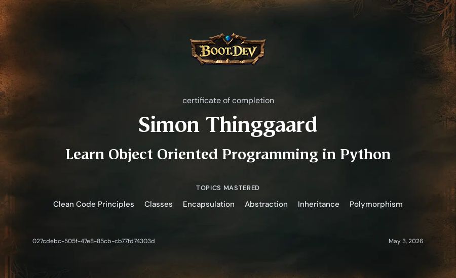 Simon Thinggaard's Boot.dev Learn Object Oriented Programming in Python certificate