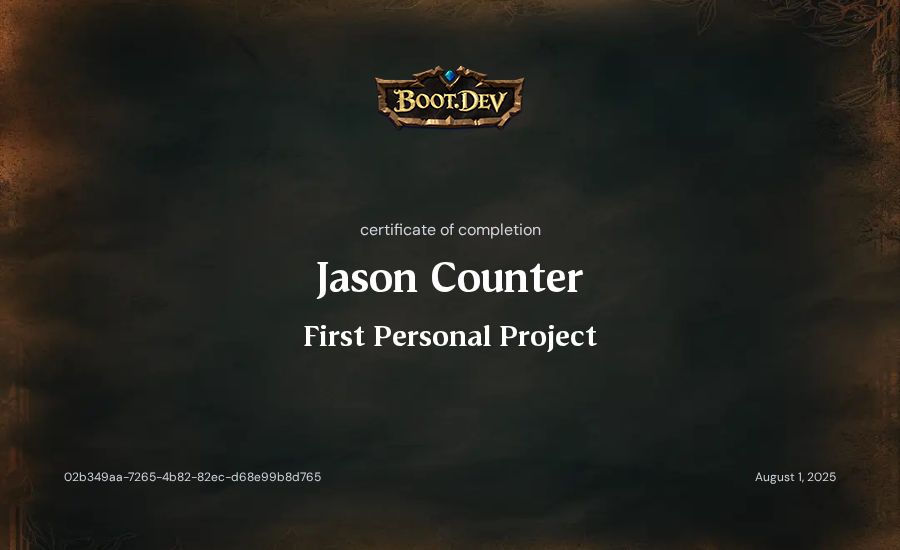 Jason Counter's Boot.dev First Personal Project certificate