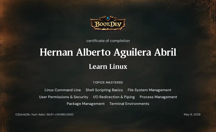 Hernan Alberto Aguilera Abril's Boot.dev Learn Linux certificate