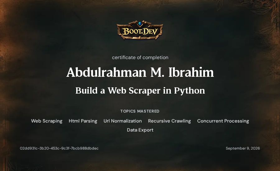 Abdulrahman M. Ibrahim's Boot.dev Build a Web Scraper in Python certificate