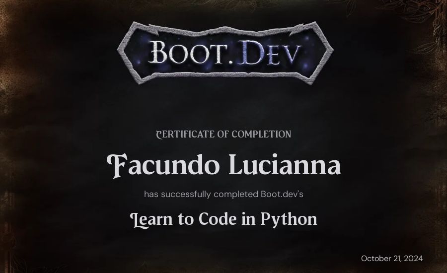 Facundo Lucianna's Boot.dev Introduction to Python Course certificate