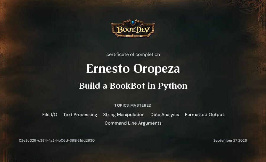 Ernesto Oropeza's Boot.dev Build a BookBot in Python certificate
