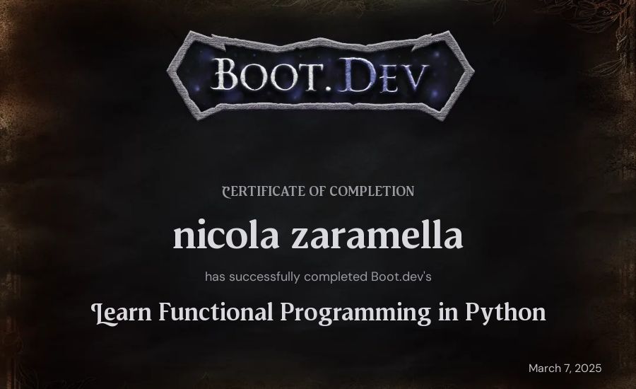 nicola zaramella's Boot.dev Learn Functional Programming in Python certificate