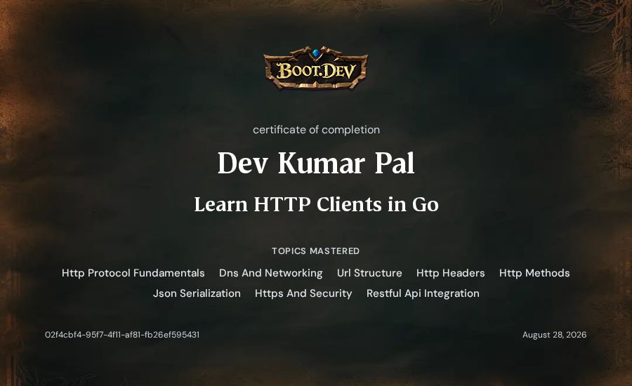 Dev Kumar Pal's Boot.dev Learn HTTP Clients in Go certificate
