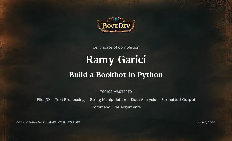 Ramy Garici's Boot.dev Build a BookBot in Python certificate