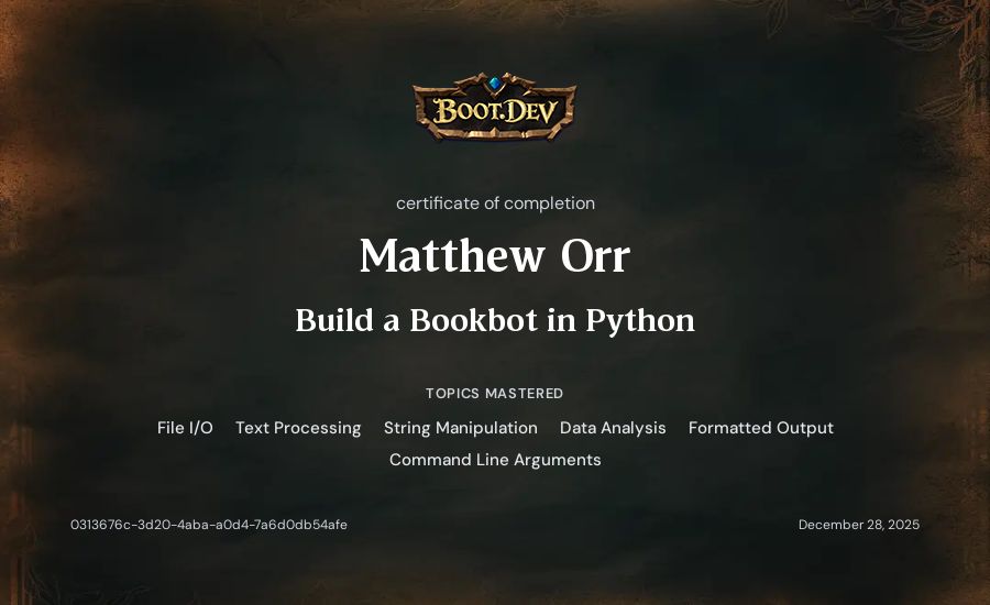 Matthew Orr's Boot.dev Build a BookBot in Python certificate