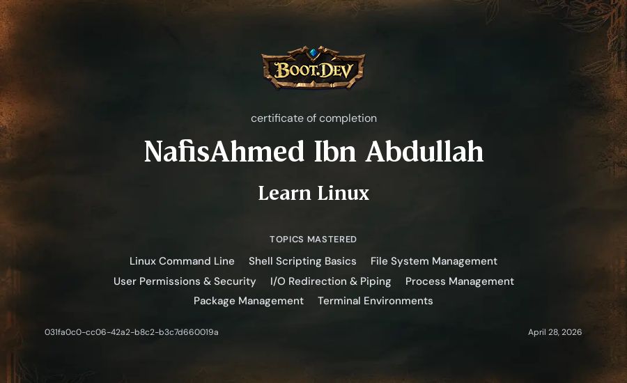 NafisAhmed Ibn Abdullah's Boot.dev Learn Linux certificate