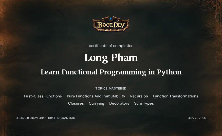 Long Pham's Boot.dev Learn Functional Programming in Python certificate