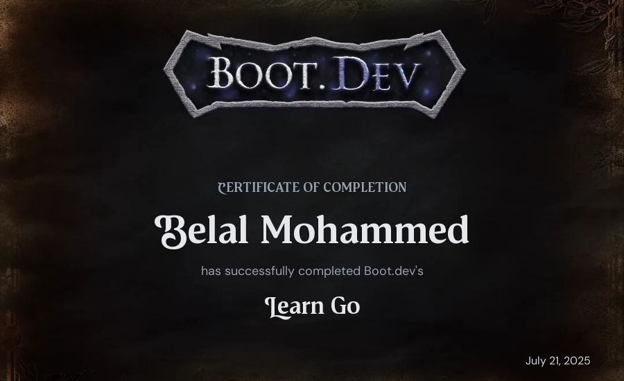 Belal Mohammed's Boot.dev Learn Go certificate