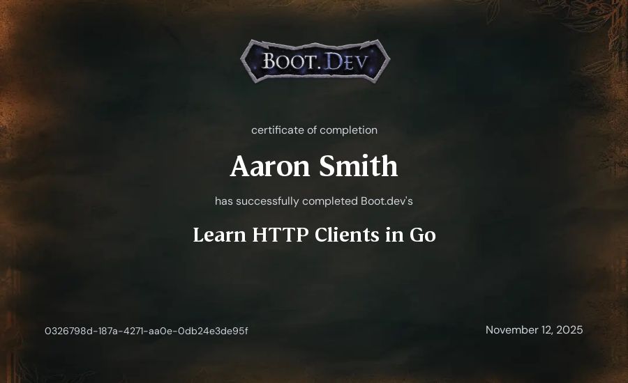 Aaron Smith's Boot.dev Learn HTTP Clients in Go certificate