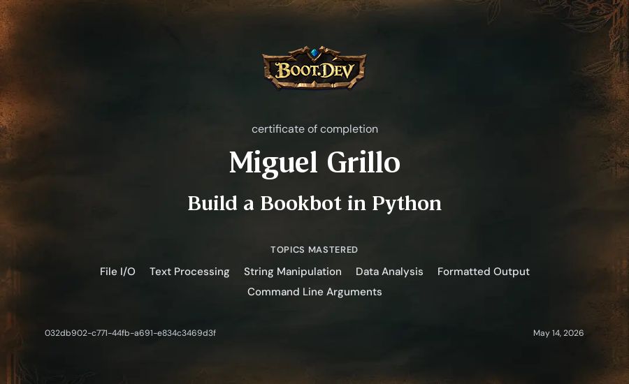 Miguel Grillo's Boot.dev Build a BookBot in Python certificate