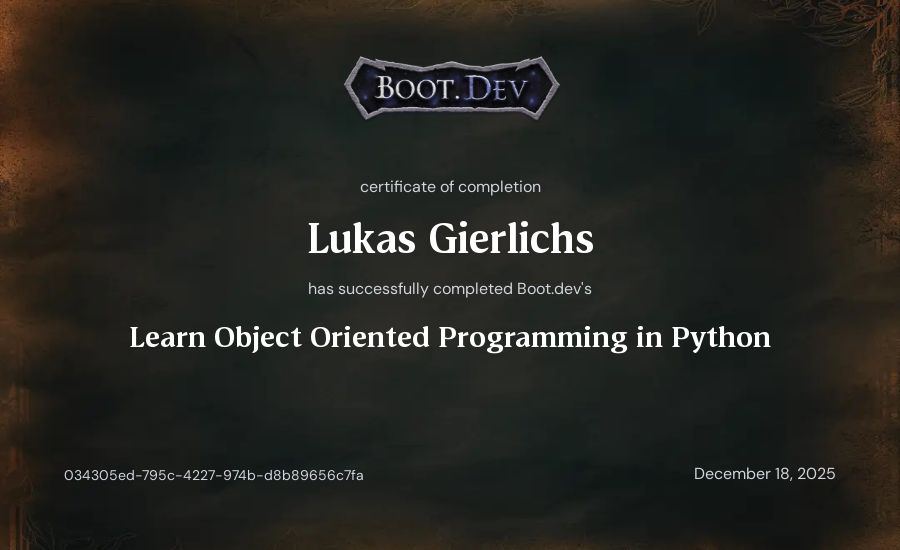 Lukas Gierlichs's Boot.dev Learn Object Oriented Programming in Python certificate