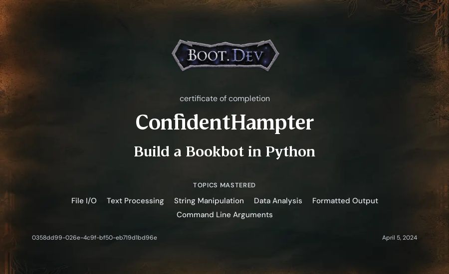 ConfidentHampter's Boot.dev Build a BookBot in Python certificate