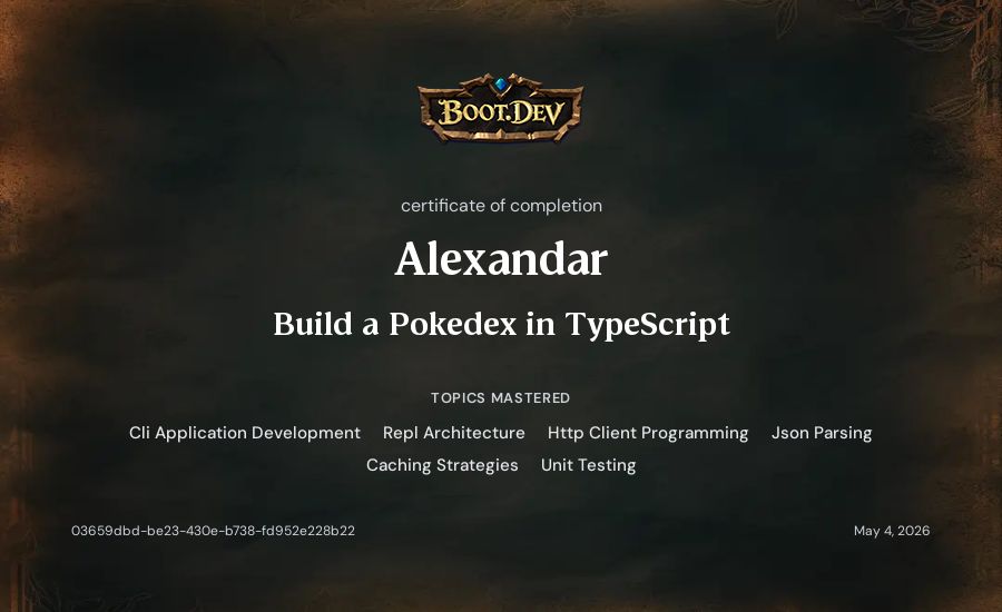 Alexandar's Boot.dev Build a Pokedex in TypeScript certificate