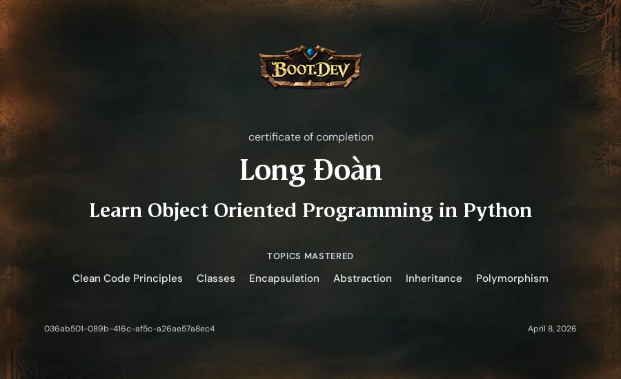 Long Đoàn's Boot.dev Learn Object Oriented Programming in Python certificate