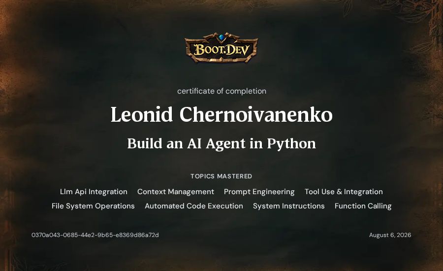 Leonid Chernoivanenko's Boot.dev Build an AI Agent in Python certificate