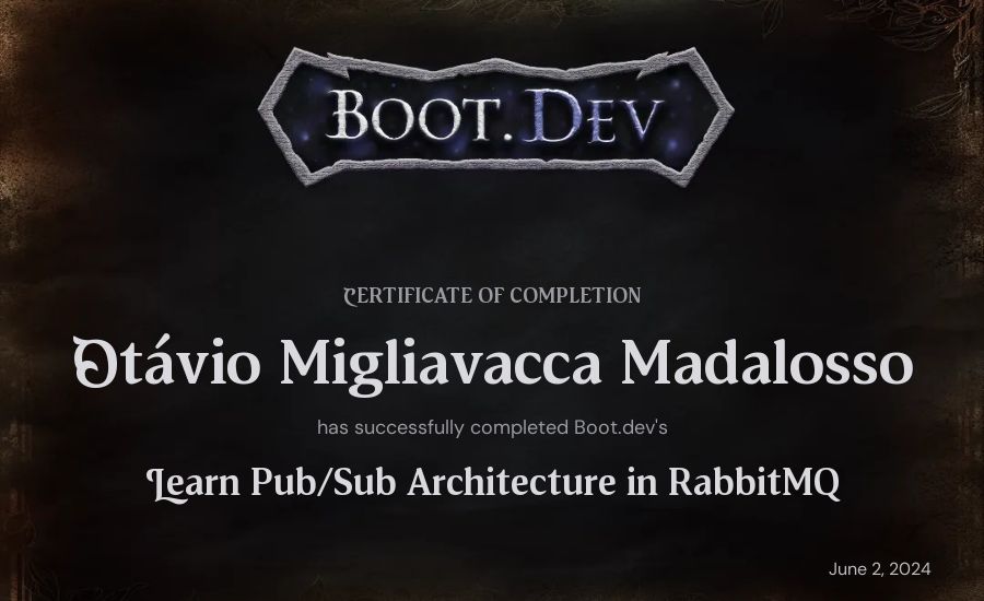 Otávio Migliavacca Madalosso's Boot.dev Learn Pub/Sub in RabbitMQ and Go certificate