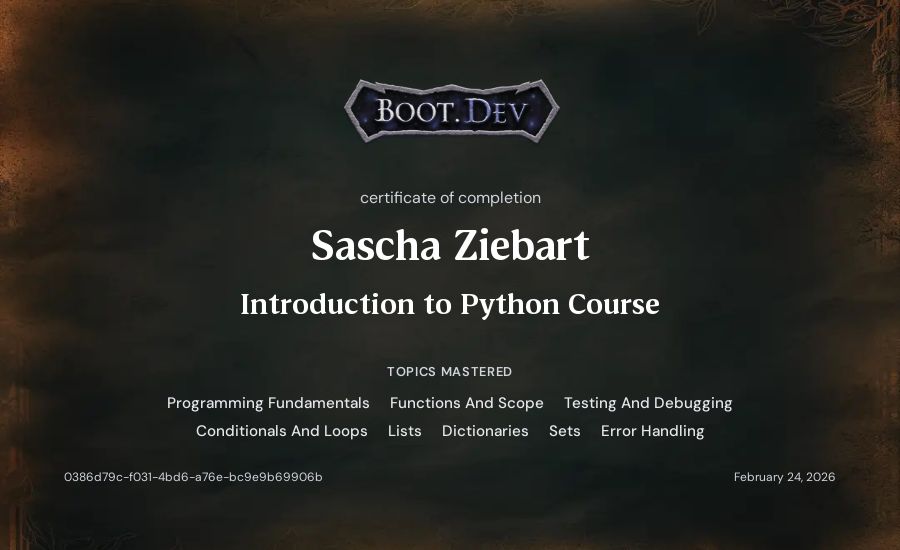Sascha Ziebart's Boot.dev Introduction to Python Course certificate