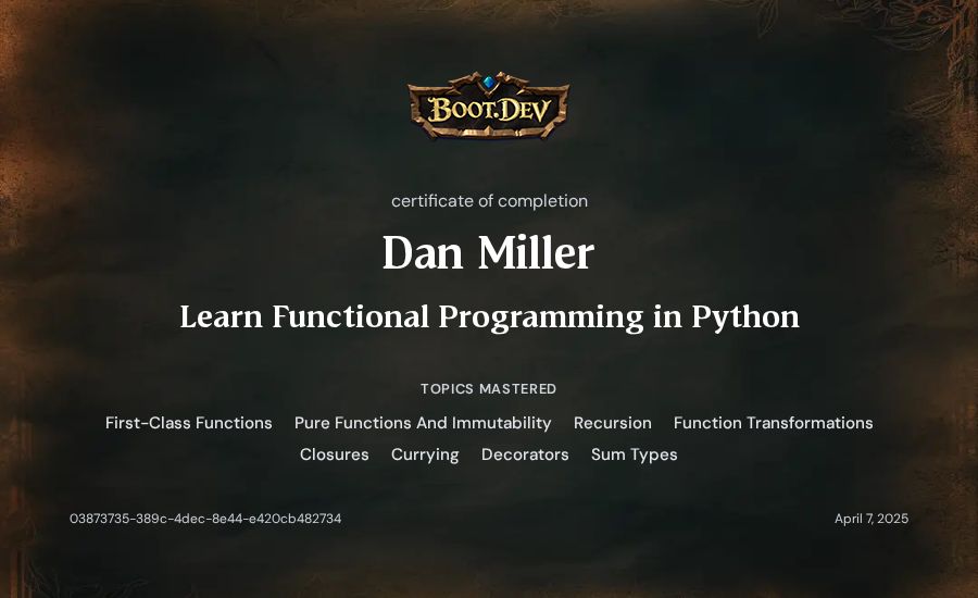 Dan Miller's Boot.dev Learn Functional Programming in Python certificate