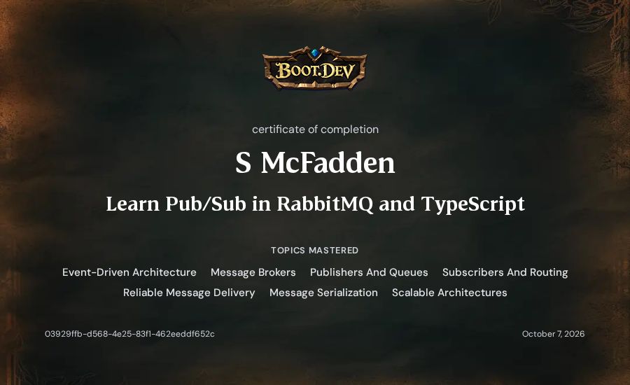 S McFadden's Boot.dev Learn Pub/Sub in RabbitMQ and TypeScript certificate