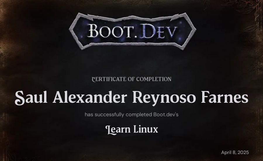 Saul Alexander Reynoso Farnes's Boot.dev Learn Linux certificate