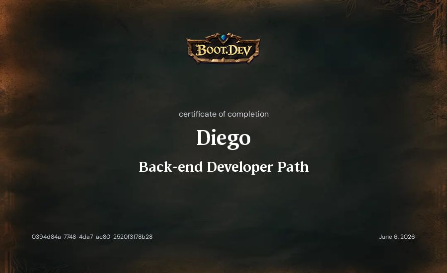Diego's Boot.dev Backend Developer Path certificate
