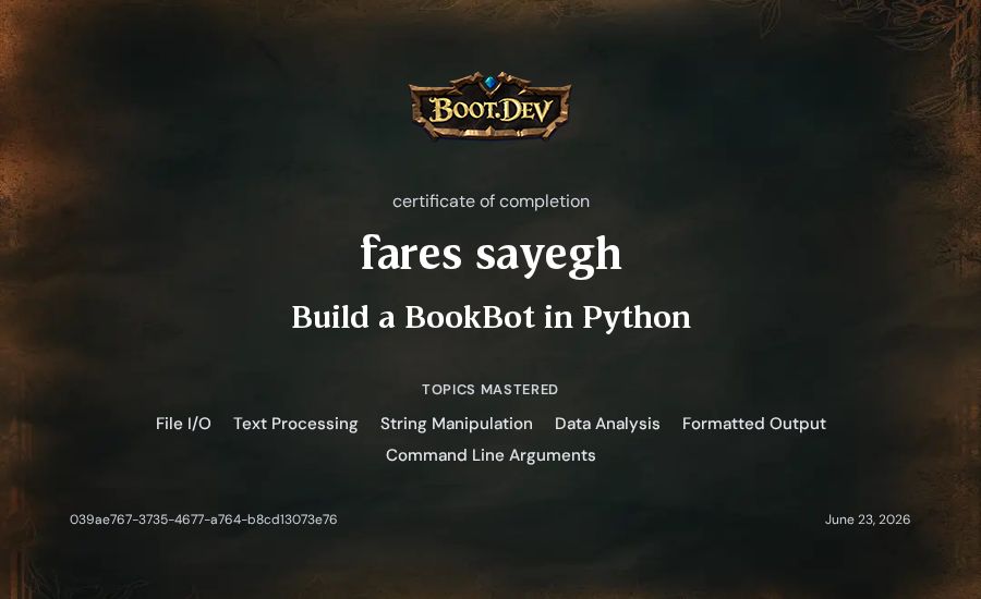 fares sayegh's Boot.dev Build a BookBot in Python certificate