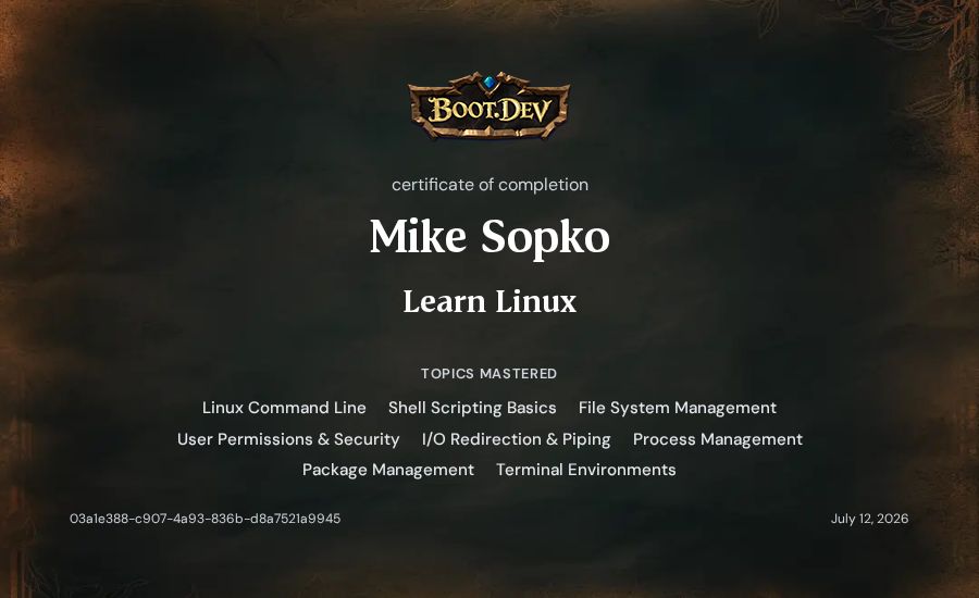 Mike Sopko's Boot.dev Learn Linux certificate