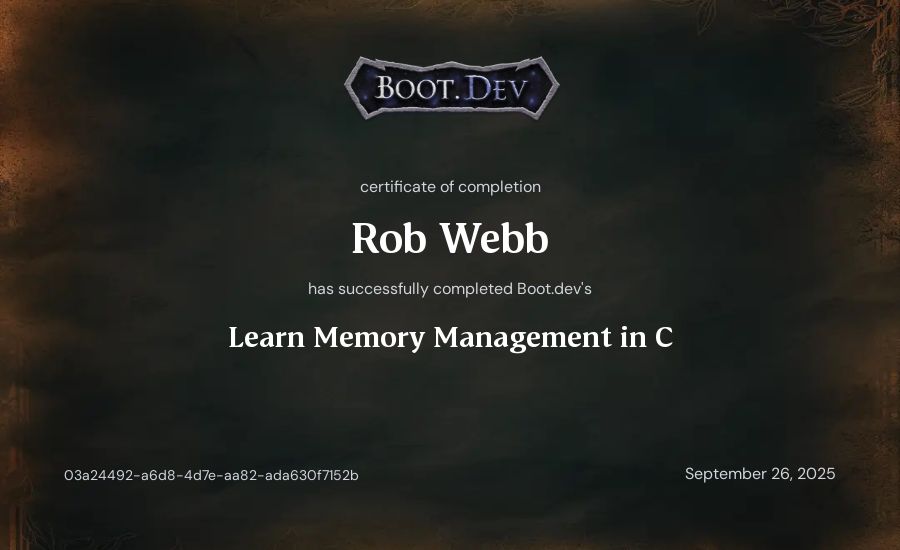 Rob Webb's Boot.dev Learn Memory Management in C certificate