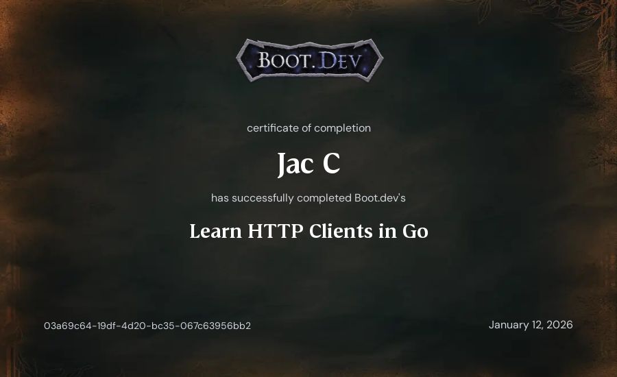 Jac C's Boot.dev Learn HTTP Clients in Go certificate