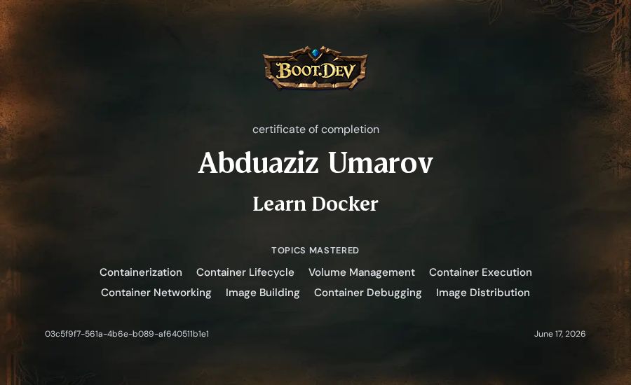 Abduaziz Umarov's Boot.dev Learn Docker certificate
