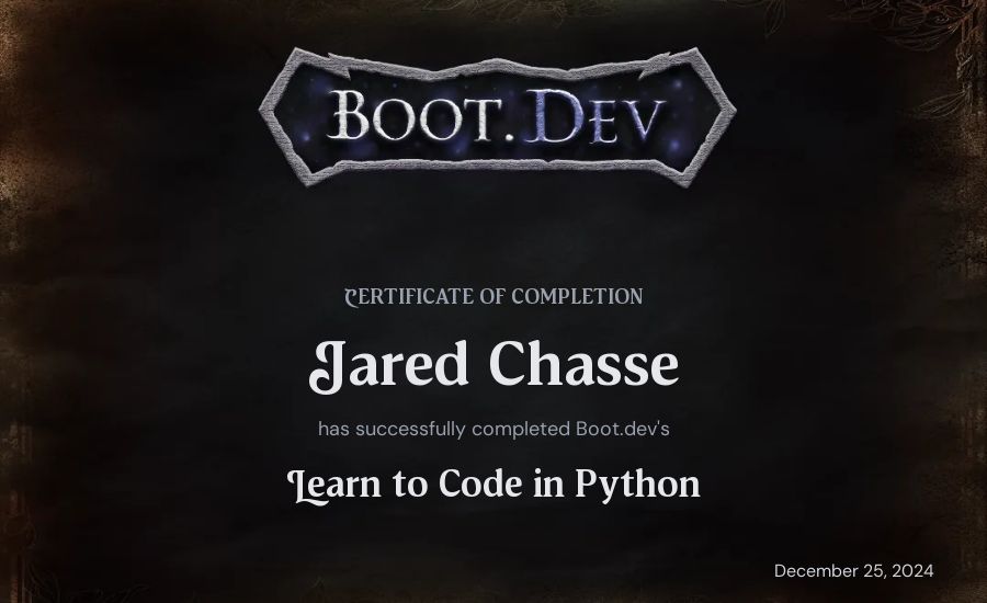 Jared Chasse's Boot.dev Introduction to Python Course certificate