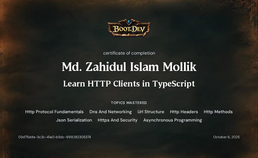 Md. Zahidul Islam Mollik's Boot.dev Learn HTTP Clients in TypeScript certificate